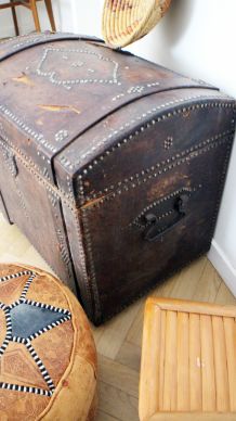 Grande malle en cuir marron vintage 70's 