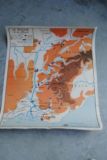Carte scolaire vintage Rossignol La Garonne , le Rhone et ses affluents