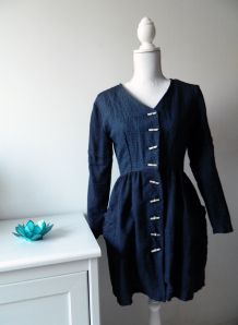 Robe patineuse boutonnée bleue marine brocard vintage 90's