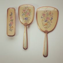 Ancien set à main miroir et 2 brosses