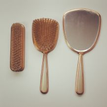Ancien set à main miroir et 2 brosses