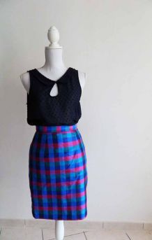 Jupe crayon en taffetas tartan multicolore vintage 80's