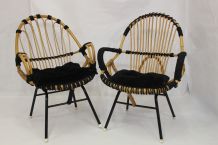 Paire fauteuils vintage année 60 rotin  finition corde.