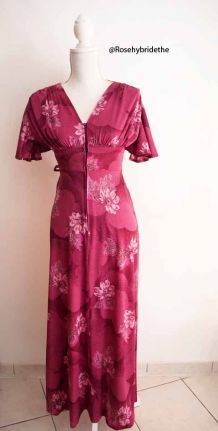 Robe longue manches papillons zip rose violine fleurie vintage 70s