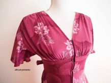 Robe longue manches papillons zip rose violine fleurie vintage 70s