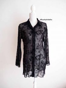 Chemise tunique déshabillé voile noir velours dévoré vintage 90's