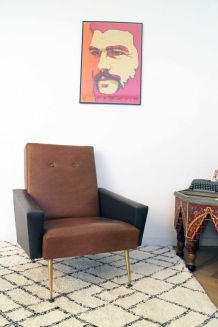 Fauteuil skaï marron vintage années 50