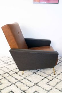 Fauteuil skaï marron vintage années 50