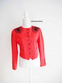 Veste en pure laine rouge vif broderies noires vintage 80's