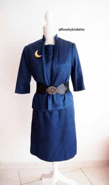 Ensemble tailleur robe et veste bleu métallisé Jacky Kennedy vintage 60's