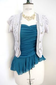 Boléro gilet dentelle broderie vintage guipure gris blanc