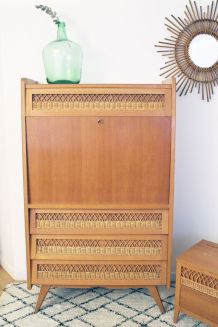 Secrétaire rotin pieds compas vintage
