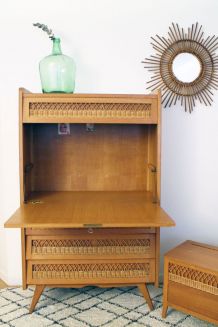 Secrétaire rotin pieds compas vintage