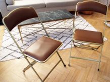 Duo de chaises vintage pliantes dorés et skaÏ marron