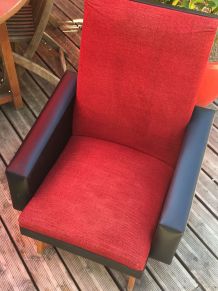 Canapé fauteuil vintage années 50/60 velours rouge Skaï noir
