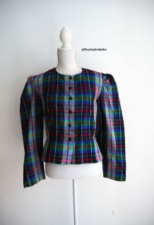 Chemisier peplum motif tartan épaules bouffantes vintage 50'