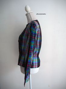 Chemisier peplum motif tartan épaules bouffantes vintage 50'