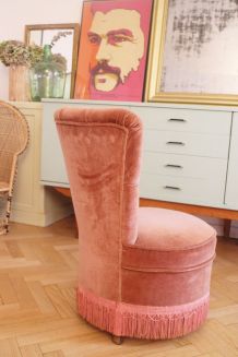 Fauteuil crapaud velours vintage rose poudré 1950's
