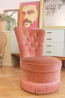Fauteuil crapaud velours vintage rose poudré 1950's