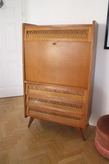 Secrétaire vintage rotin pieds compas à rénover