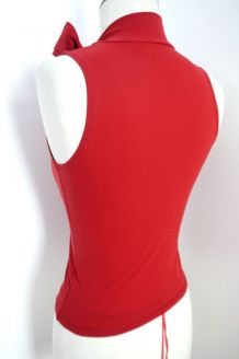 Top col montant noeud cou lacet rouge chic vintage sexy femm