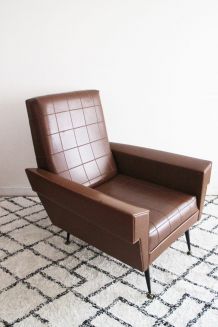 Fauteuil skaï marron pieds compas 1950's