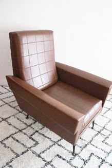 Fauteuil skaï marron pieds compas 1950's