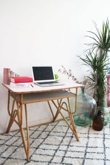 Bureau en rotin pieds compas années 70