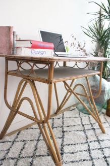 Bureau en rotin pieds compas années 70