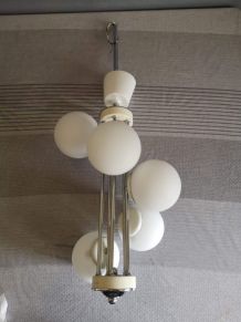 lustre vintage 5 boules en verre opaline blanc années 60