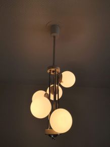 lustre vintage 5 boules en verre opaline blanc années 60