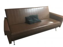 Canapé lit banquette vintage skaï marron années 50