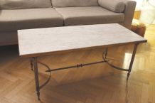 Table basse vintage en marbre blanc pieds en laiton dorés