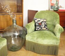 RARE - Fauteuil crapaud velours vintage vert amande 1970's
