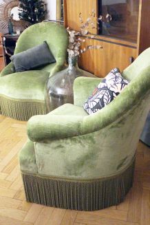 RARE - Fauteuil crapaud velours vintage vert amande 1970's