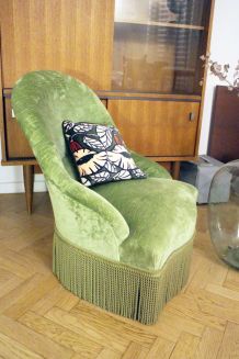 RARE - Fauteuil crapaud velours vintage vert amande 1970's