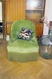 RARE - Fauteuil crapaud velours vintage vert amande 1970's