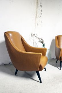 RARE - Paire de fauteuils vintage pieds compas skaï 60's