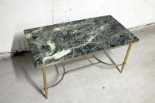 Table basse vintage en marbre vert pieds en laiton dorés