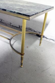 Table basse vintage en marbre vert pieds en laiton dorés