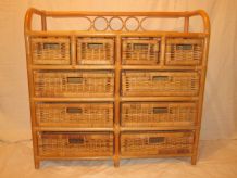 Meuble 10 panières rotin vintage 1970