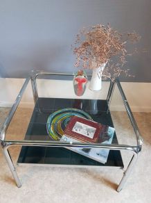 table basse vintage verre, céramique et métal chromé années 