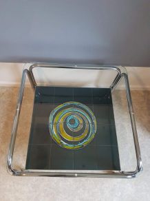 table basse vintage verre, céramique et métal chromé années 