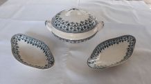 Soupière et 2 raviers en demi porcelaine Badonviller