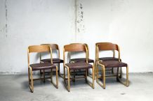 Suite de 6 chaises traineau Baumann vintage cuir marron 60's