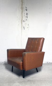 SOLDES -50% - Fauteuil vintage skaï marron années 50