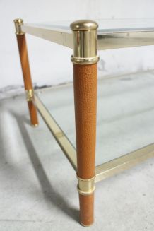Table basse vintage LANCEL verre &amp;amp; cuir metal doré 