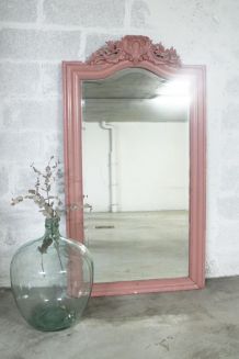 Grand Miroir vintage ancien à moulures vieux rose