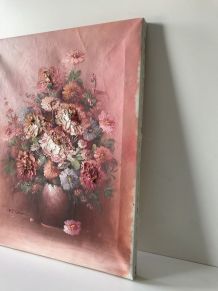Tableau ancien huile sur toile bouquet rose 