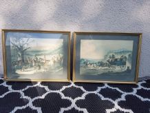 dessins anciens à l'aquarelle avec cadre bois